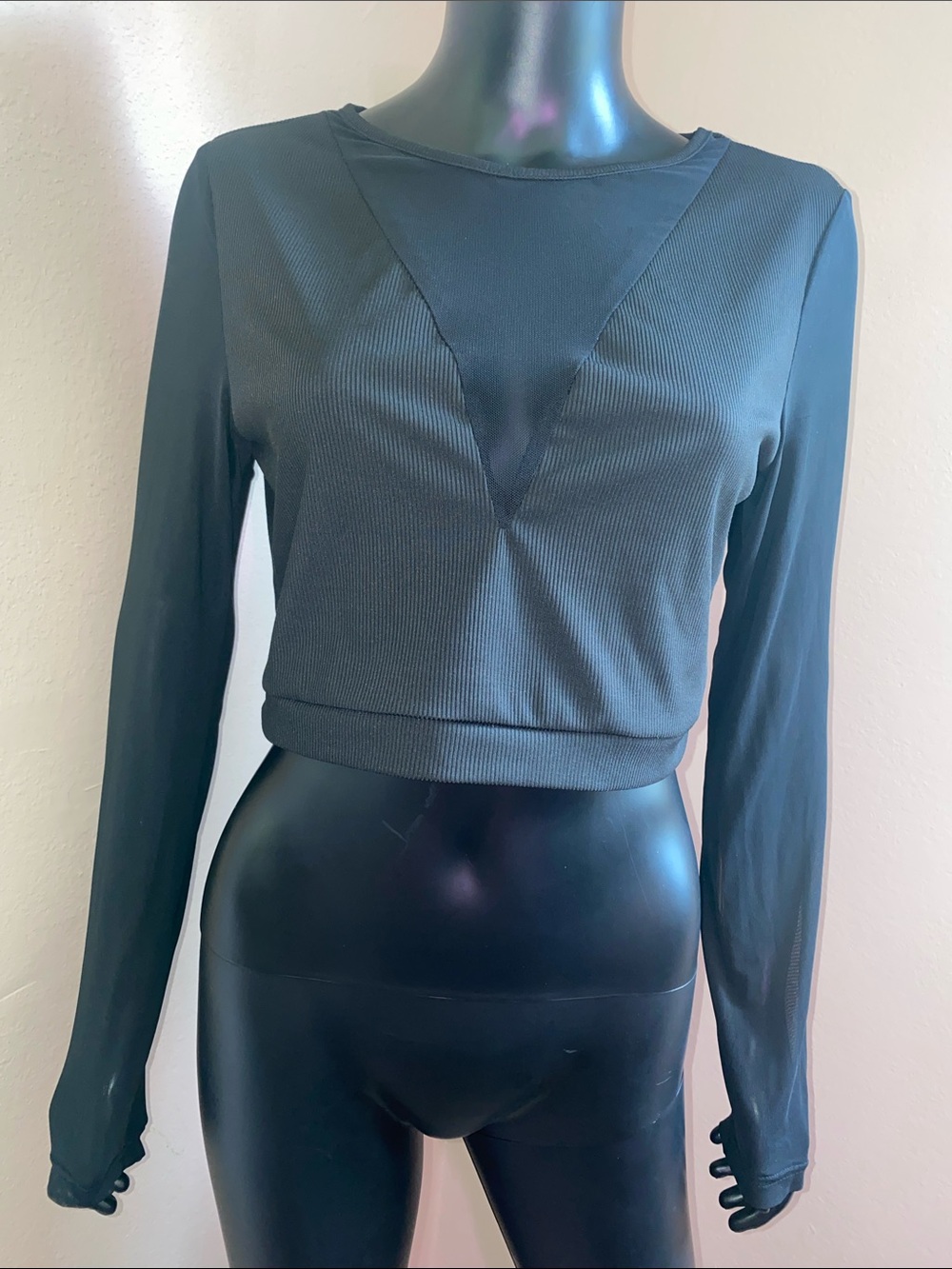 SHEIN Black Sheer Mesh Long-Sleeve Crop Top